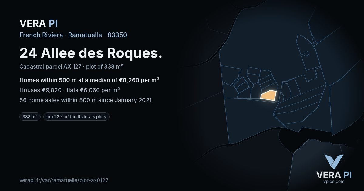24 Allee des Roques, Ramatuelle at night – the plot lit, the parcels around coloured by the prices near them