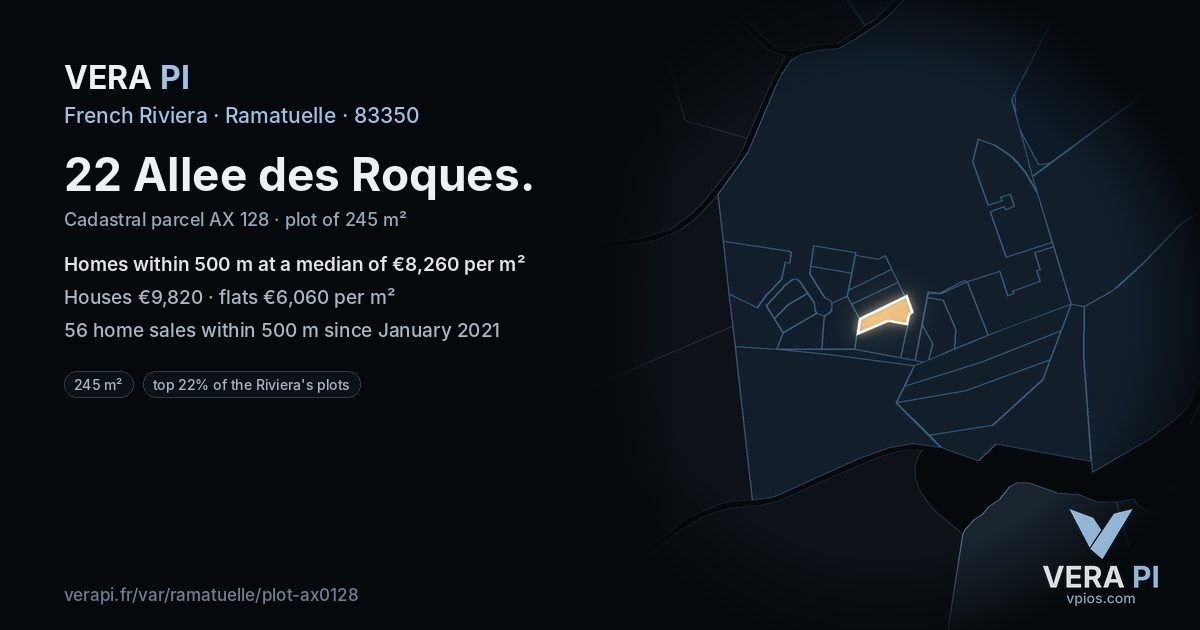 22 Allee des Roques, Ramatuelle at night – the plot lit, the parcels around coloured by the prices near them
