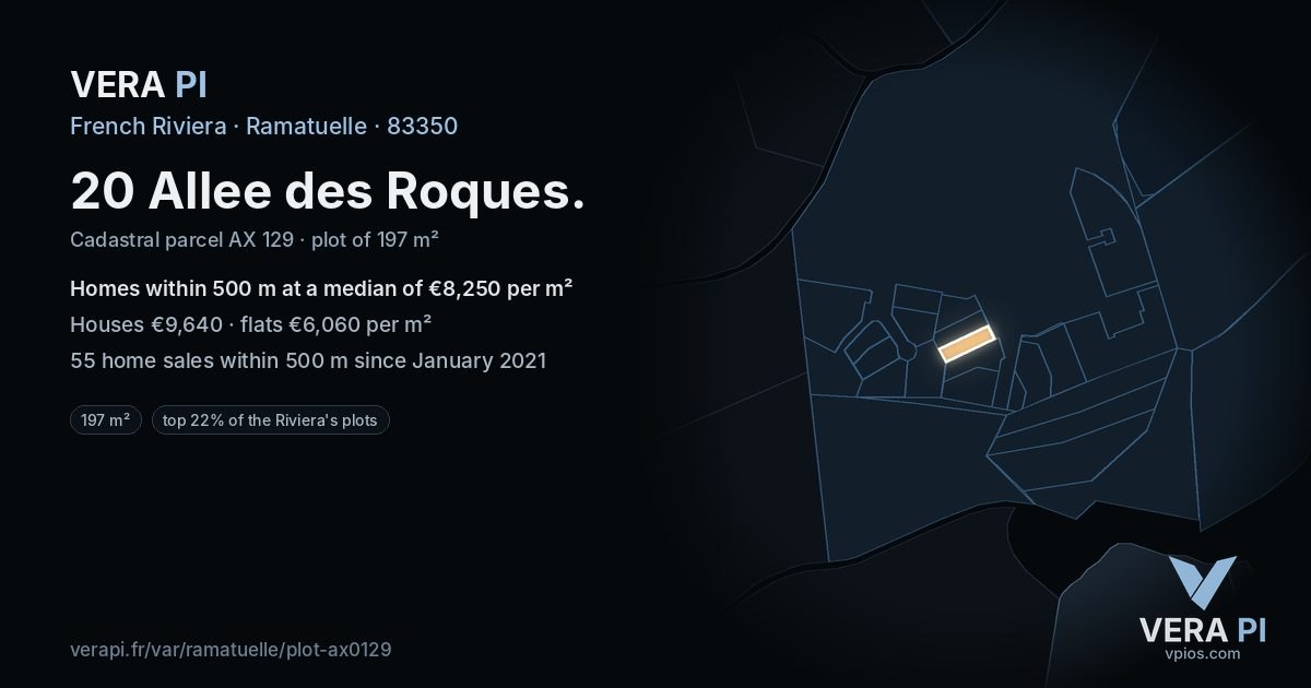 20 Allee des Roques, Ramatuelle at night – the plot lit, the parcels around coloured by the prices near them