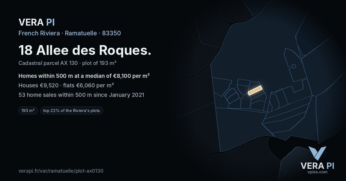 18 Allee des Roques, Ramatuelle at night – the plot lit, the parcels around coloured by the prices near them