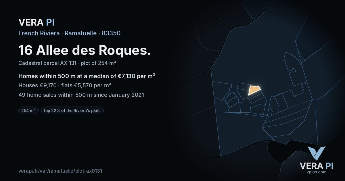 16 Allee des Roques, Ramatuelle at night – the plot lit, the parcels around coloured by the prices near them