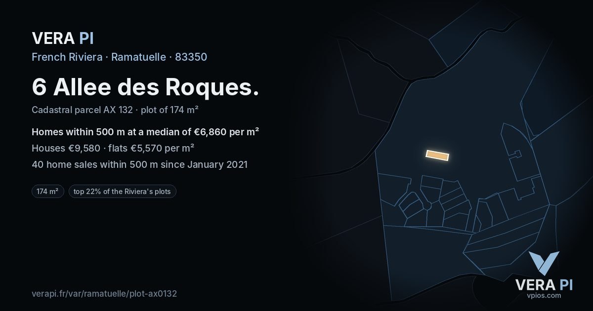 6 Allee des Roques, Ramatuelle at night – the plot lit, the parcels around coloured by the prices near them