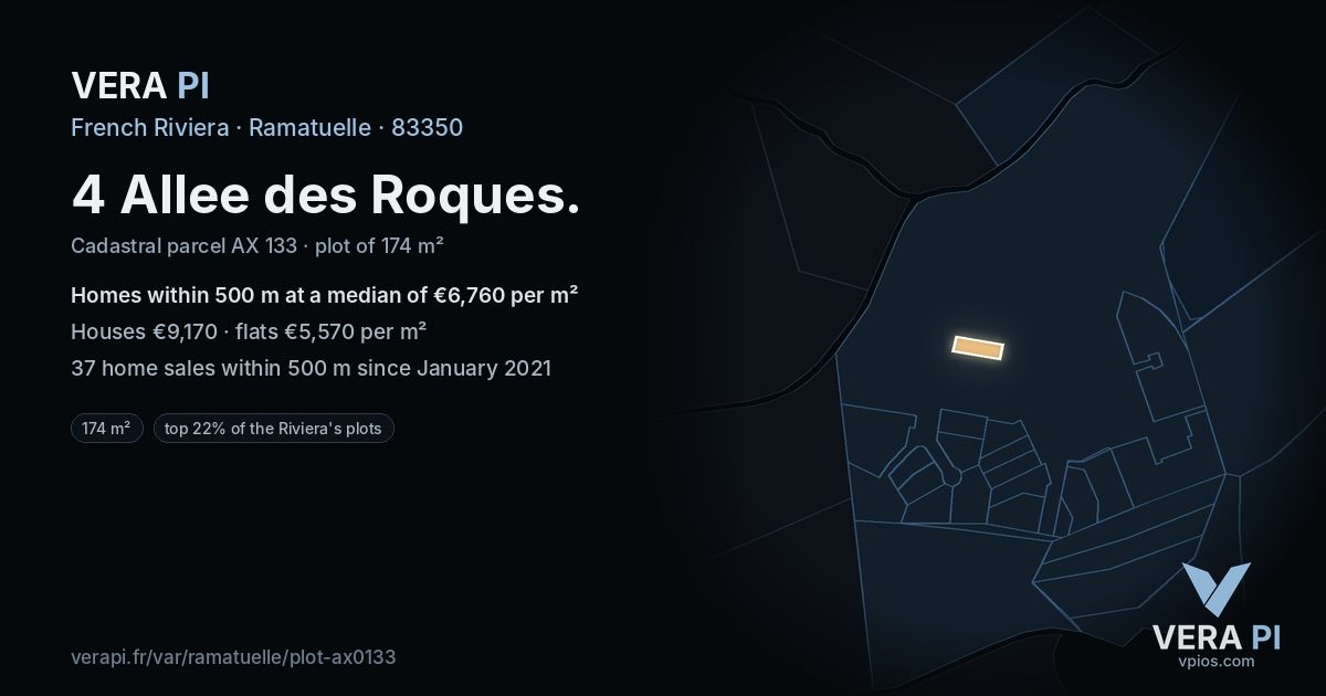 4 Allee des Roques, Ramatuelle at night – the plot lit, the parcels around coloured by the prices near them