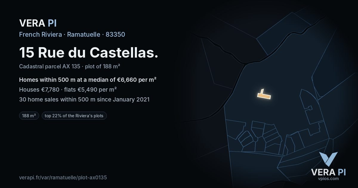15 Rue du Castellas, Ramatuelle at night – the plot lit, the parcels around coloured by the prices near them