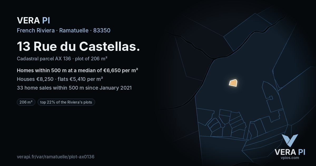 13 Rue du Castellas, Ramatuelle at night – the plot lit, the parcels around coloured by the prices near them