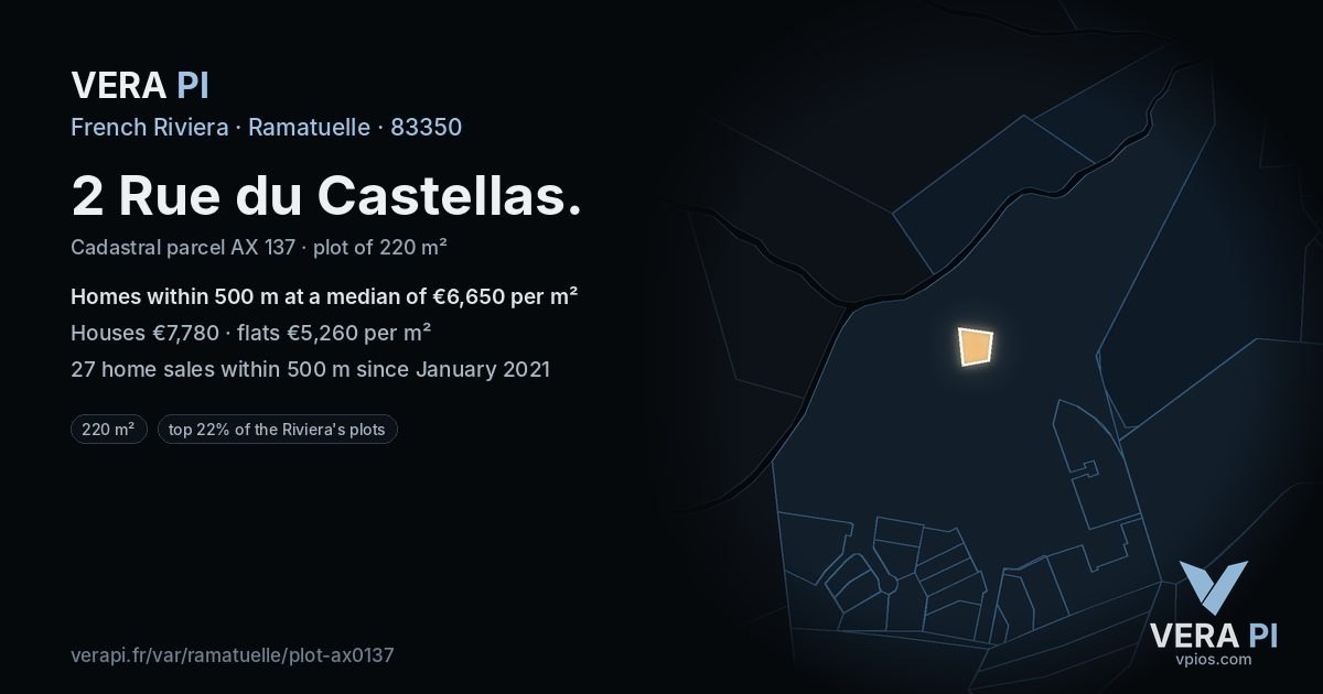 2 Rue du Castellas, Ramatuelle at night – the plot lit, the parcels around coloured by the prices near them
