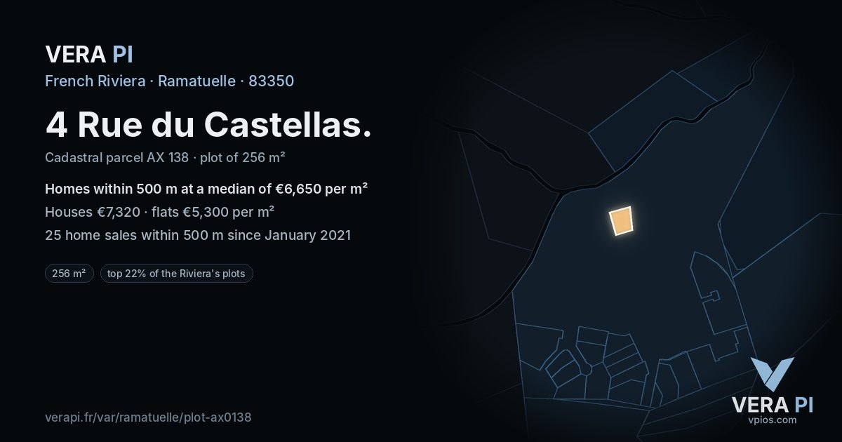 4 Rue du Castellas, Ramatuelle at night – the plot lit, the parcels around coloured by the prices near them