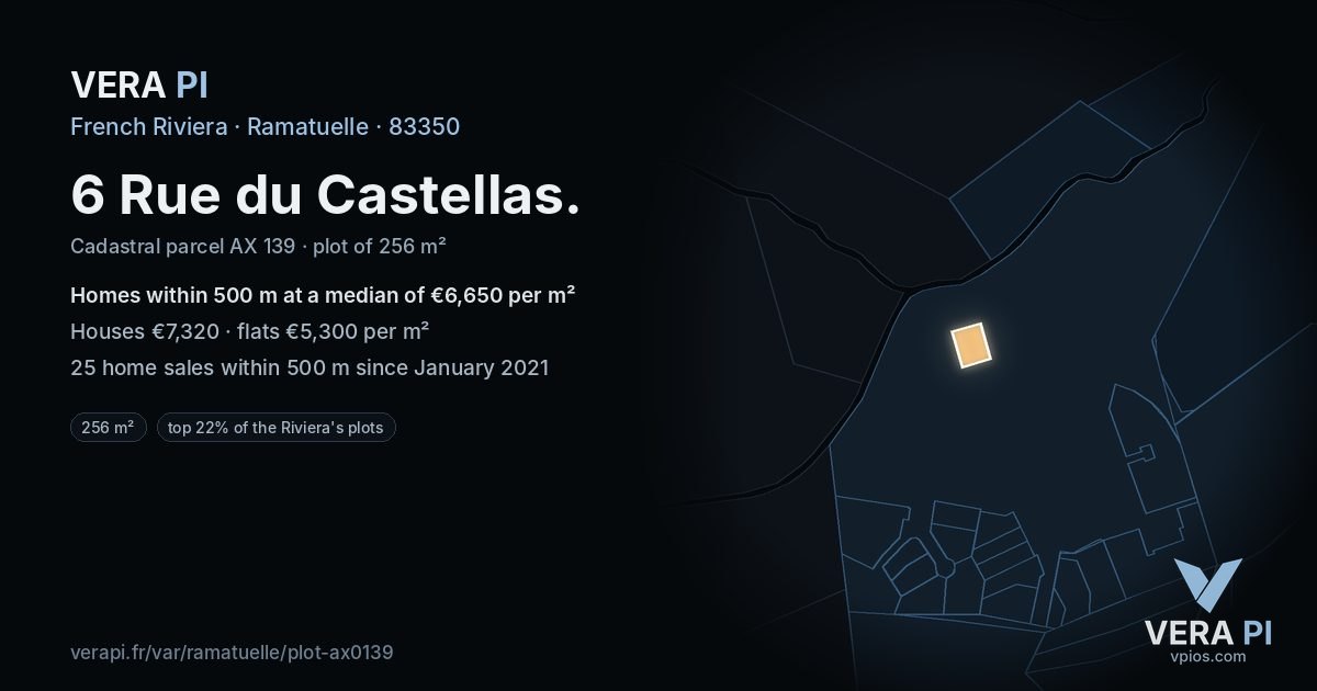 6 Rue du Castellas, Ramatuelle at night – the plot lit, the parcels around coloured by the prices near them