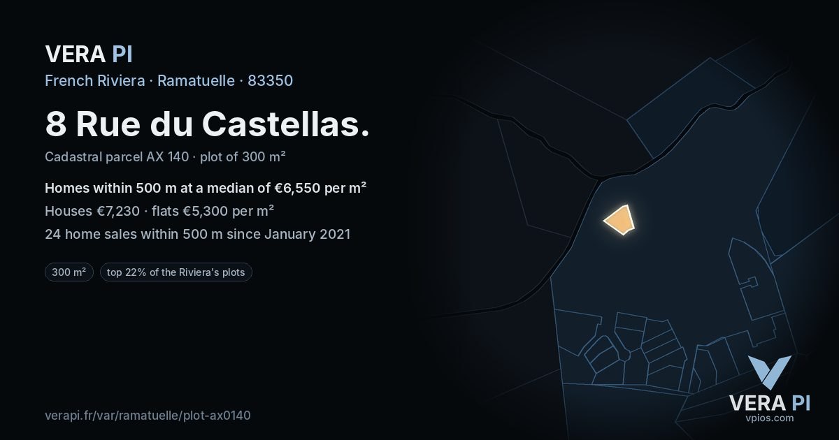 8 Rue du Castellas, Ramatuelle at night – the plot lit, the parcels around coloured by the prices near them