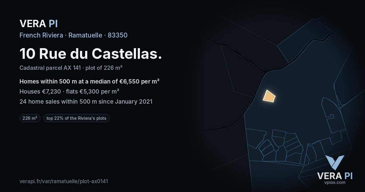 10 Rue du Castellas, Ramatuelle at night – the plot lit, the parcels around coloured by the prices near them