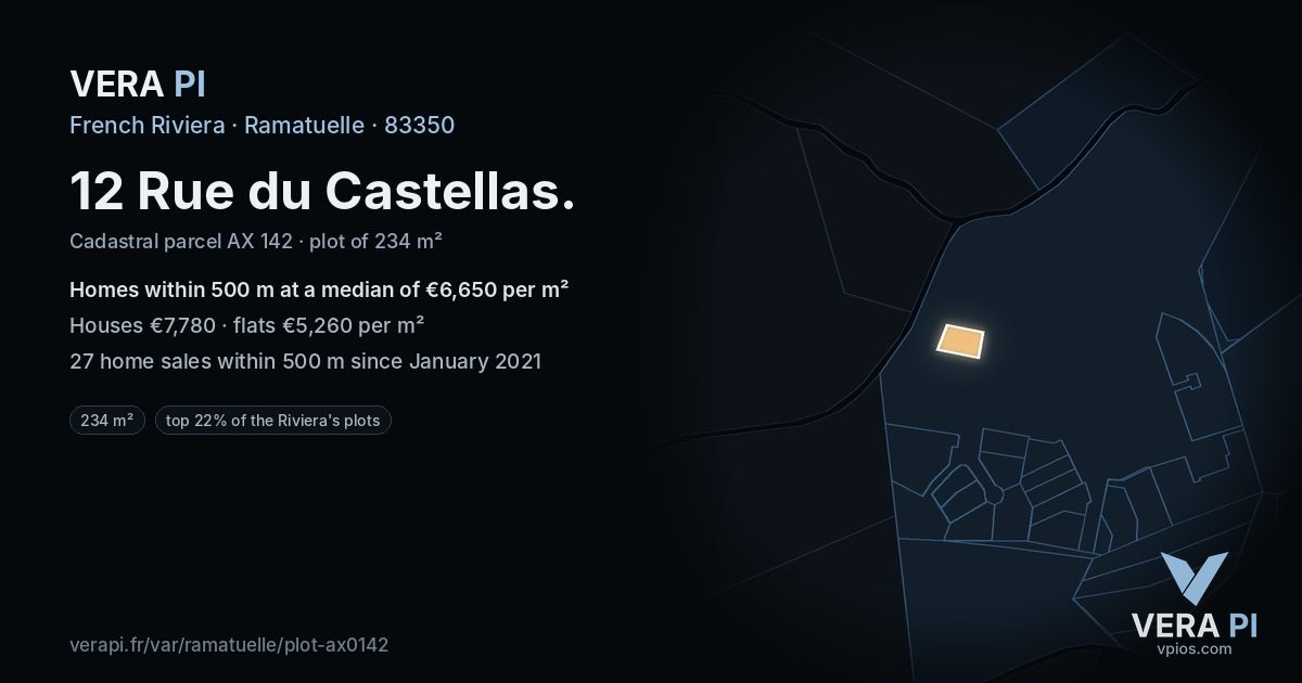 12 Rue du Castellas, Ramatuelle at night – the plot lit, the parcels around coloured by the prices near them