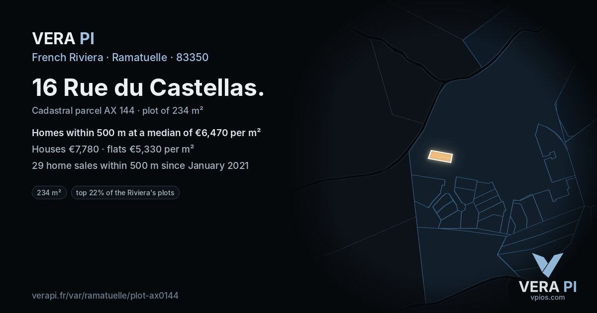 16 Rue du Castellas, Ramatuelle at night – the plot lit, the parcels around coloured by the prices near them