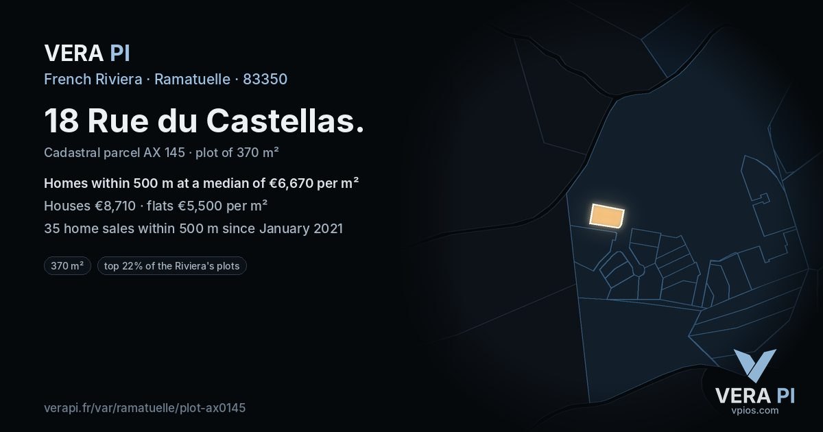 18 Rue du Castellas, Ramatuelle at night – the plot lit, the parcels around coloured by the prices near them