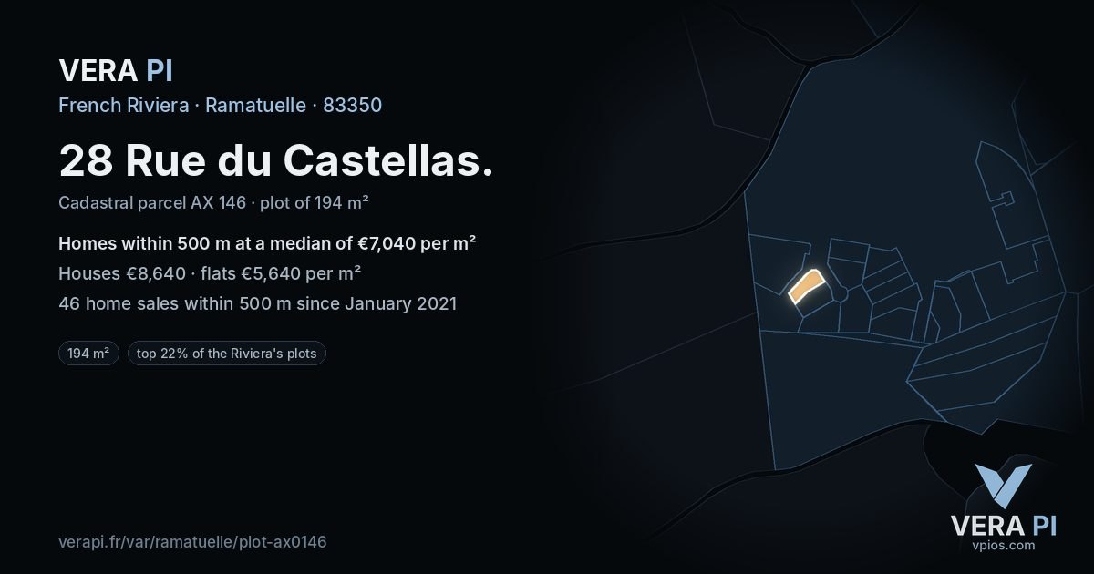 28 Rue du Castellas, Ramatuelle at night – the plot lit, the parcels around coloured by the prices near them