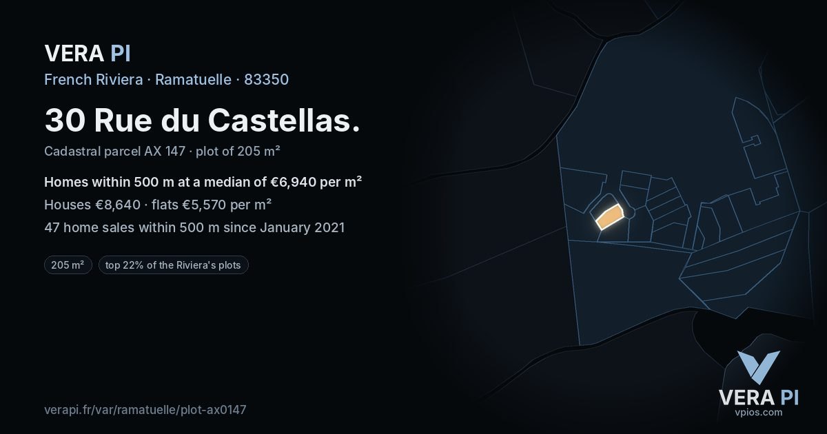 30 Rue du Castellas, Ramatuelle at night – the plot lit, the parcels around coloured by the prices near them