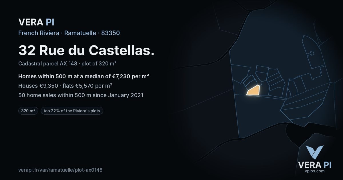 32 Rue du Castellas, Ramatuelle at night – the plot lit, the parcels around coloured by the prices near them