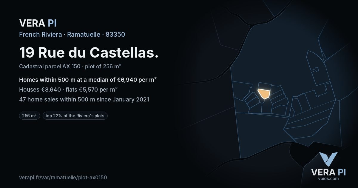 19 Rue du Castellas, Ramatuelle at night – the plot lit, the parcels around coloured by the prices near them