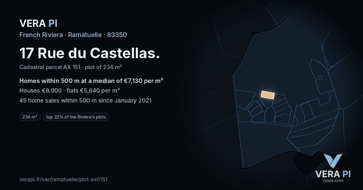 17 Rue du Castellas, Ramatuelle at night – the plot lit, the parcels around coloured by the prices near them