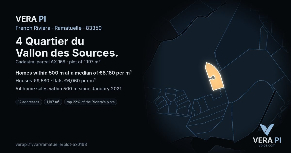 4 Quartier du Vallon des Sources, Ramatuelle at night – the plot lit, the parcels around coloured by the prices near them