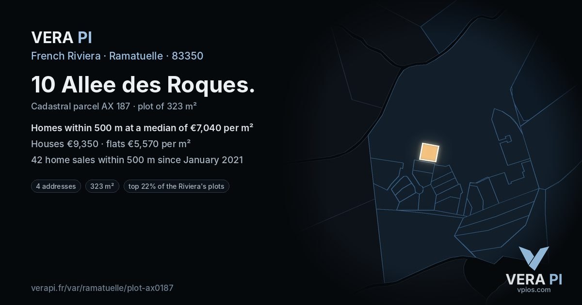 10 Allee des Roques, Ramatuelle at night – the plot lit, the parcels around coloured by the prices near them