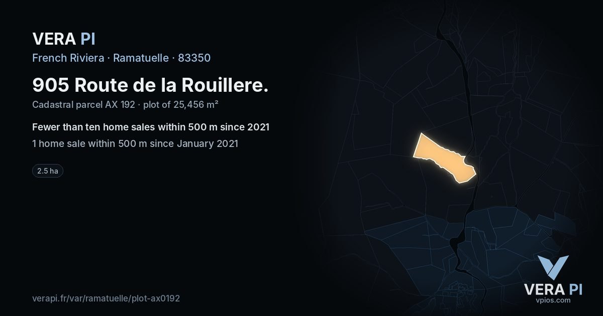 905 Route de la Rouillere, Ramatuelle at night – the plot lit, the parcels around coloured by the prices near them