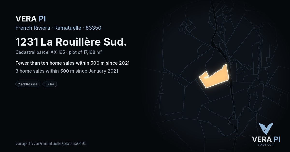 1231 La Rouillère Sud, Ramatuelle at night – the plot lit, the parcels around coloured by the prices near them
