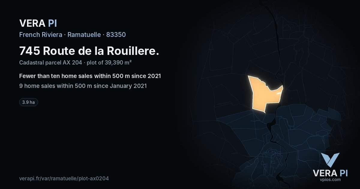 745 Route de la Rouillere, Ramatuelle at night – the plot lit, the parcels around coloured by the prices near them