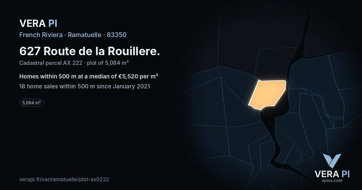 627 Route de la Rouillere, Ramatuelle at night – the plot lit, the parcels around coloured by the prices near them