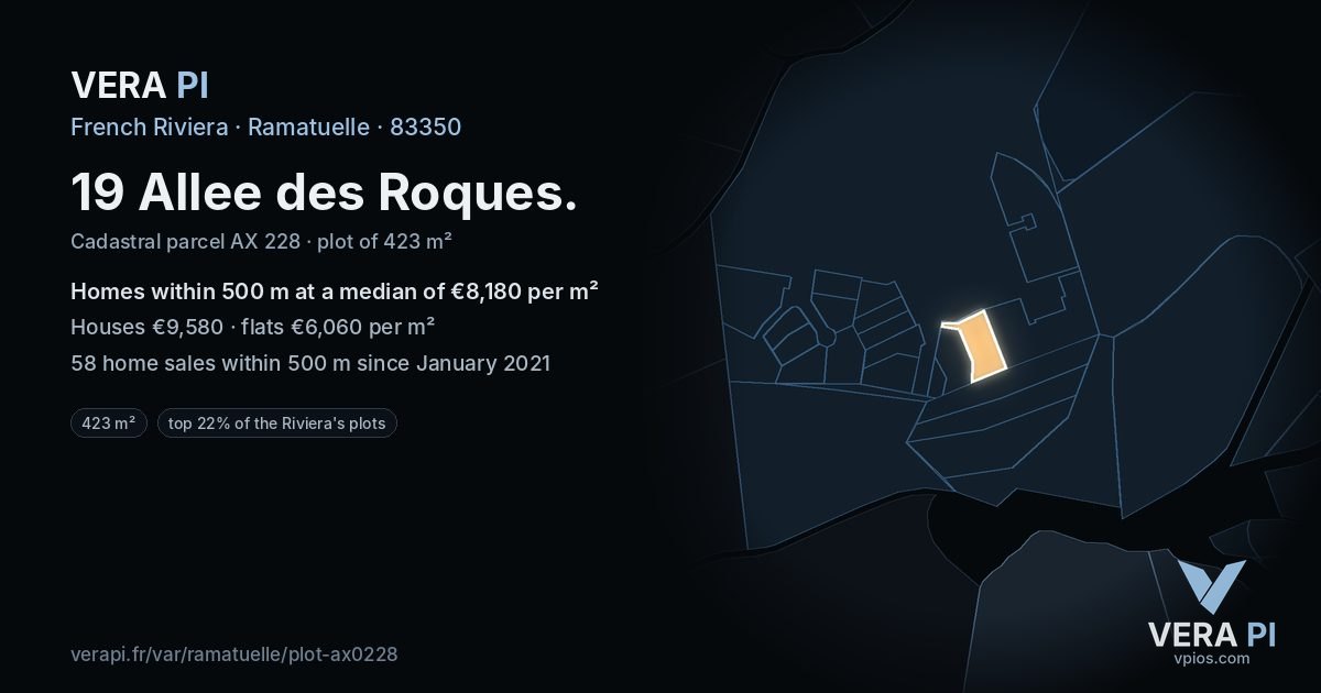 19 Allee des Roques, Ramatuelle at night – the plot lit, the parcels around coloured by the prices near them
