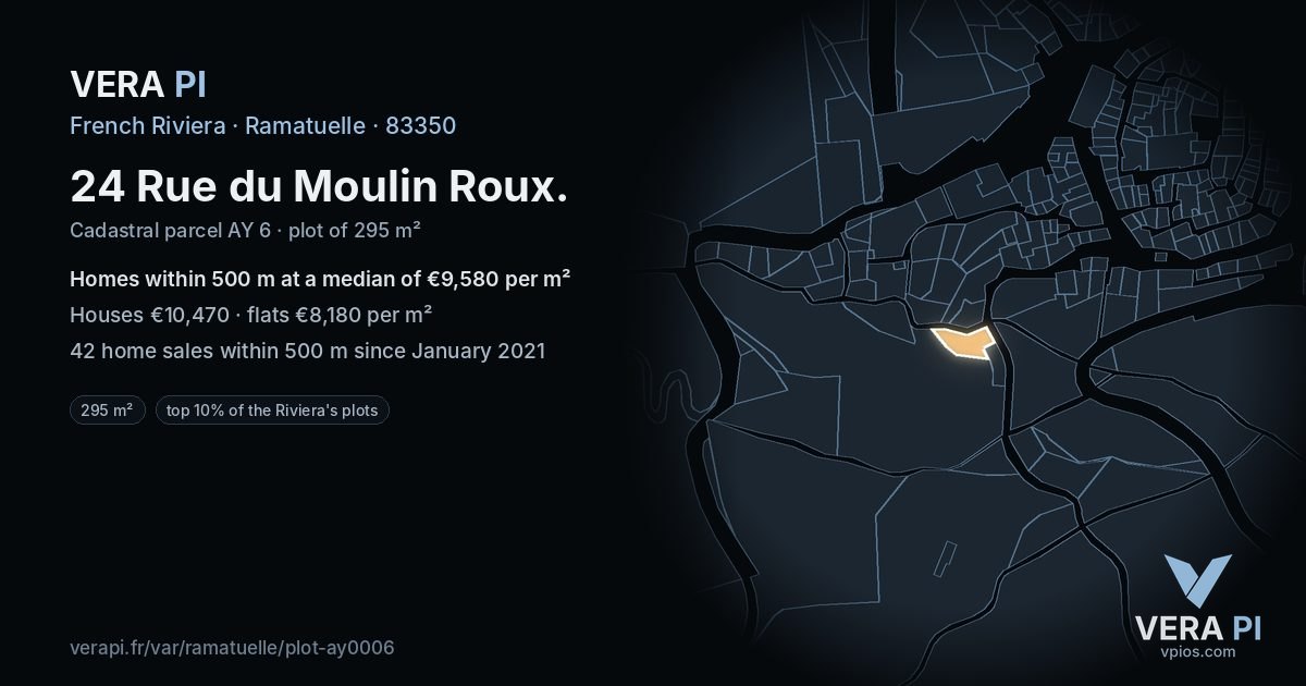 24 Rue du Moulin Roux, Ramatuelle at night – the plot lit, the parcels around coloured by the prices near them
