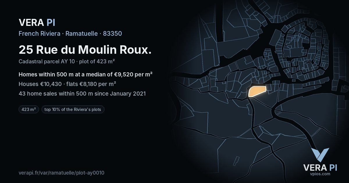 25 Rue du Moulin Roux, Ramatuelle at night – the plot lit, the parcels around coloured by the prices near them