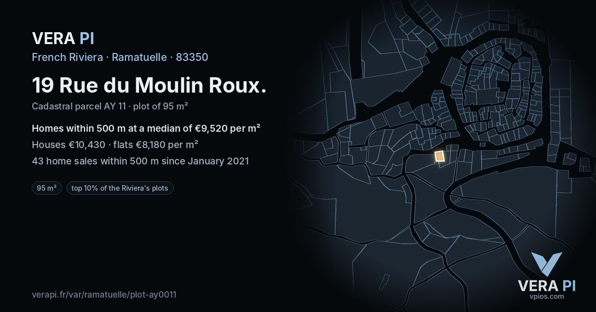 19 Rue du Moulin Roux, Ramatuelle at night – the plot lit, the parcels around coloured by the prices near them