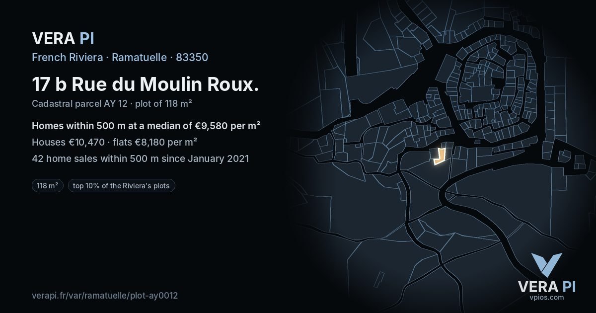 17 b Rue du Moulin Roux, Ramatuelle at night – the plot lit, the parcels around coloured by the prices near them