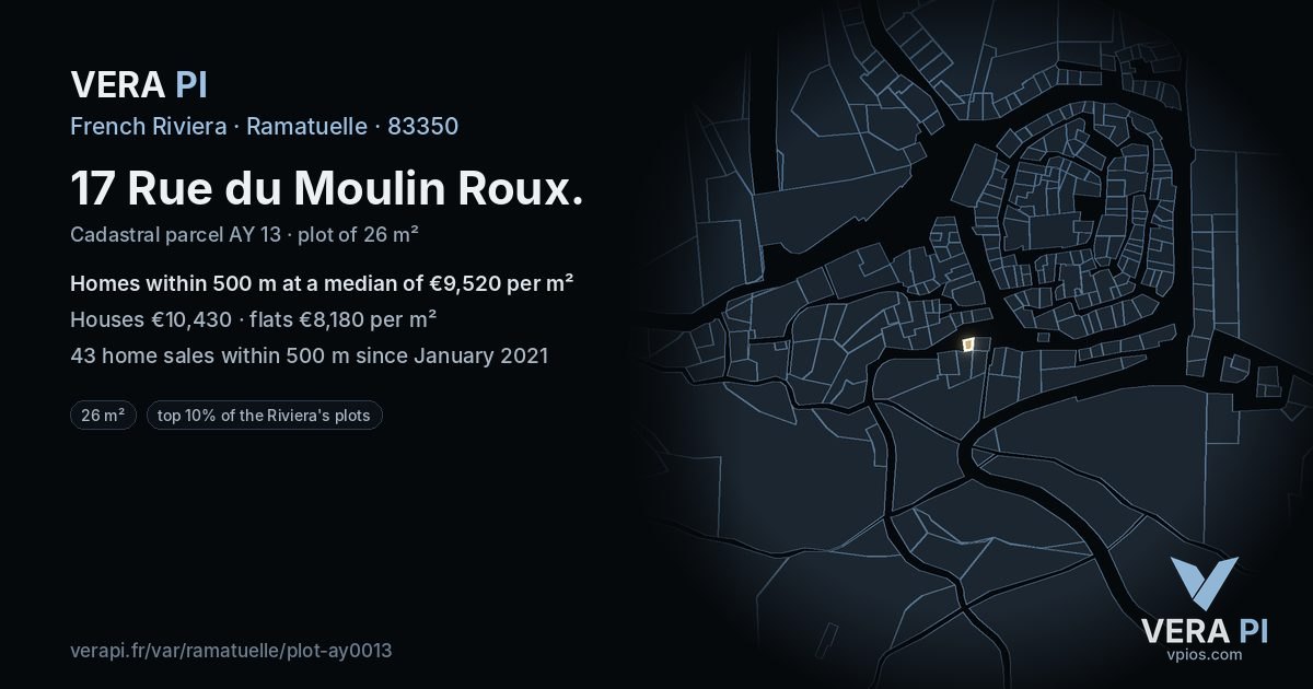 17 Rue du Moulin Roux, Ramatuelle at night – the plot lit, the parcels around coloured by the prices near them