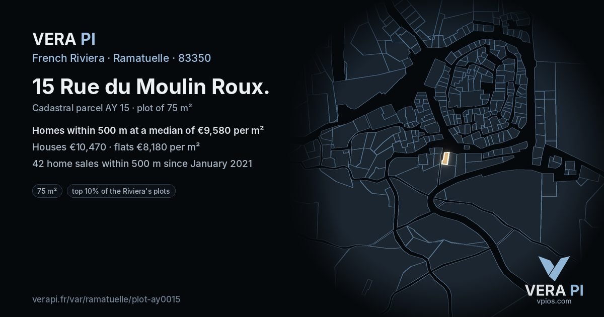 15 Rue du Moulin Roux, Ramatuelle at night – the plot lit, the parcels around coloured by the prices near them