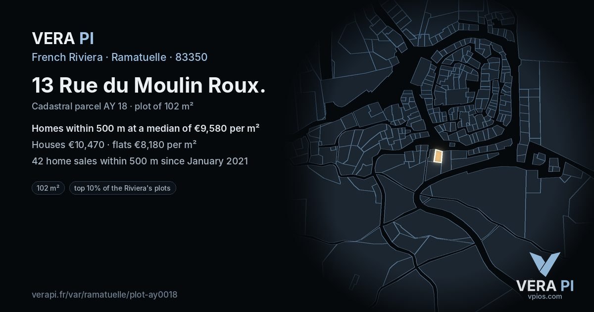13 Rue du Moulin Roux, Ramatuelle at night – the plot lit, the parcels around coloured by the prices near them