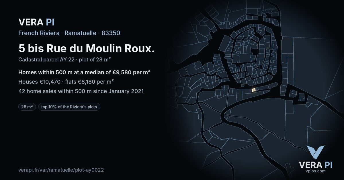 5 bis Rue du Moulin Roux, Ramatuelle at night – the plot lit, the parcels around coloured by the prices near them
