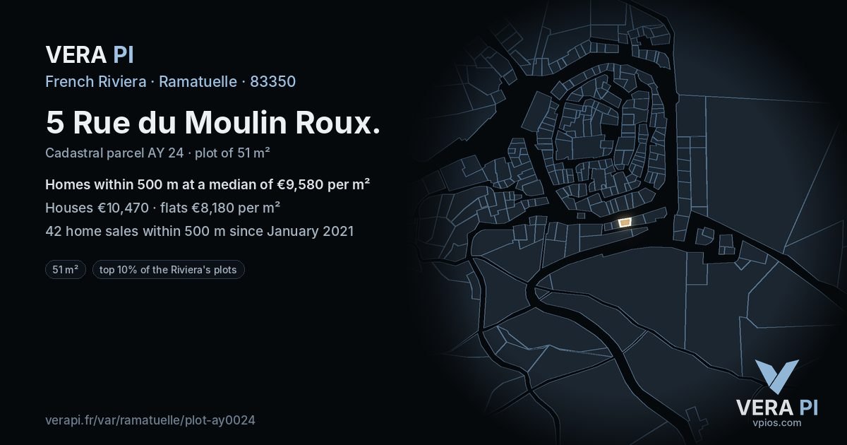 5 Rue du Moulin Roux, Ramatuelle at night – the plot lit, the parcels around coloured by the prices near them