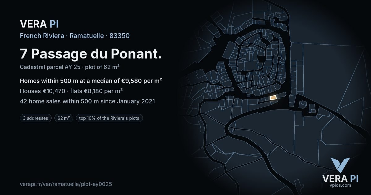7 Passage du Ponant, Ramatuelle at night – the plot lit, the parcels around coloured by the prices near them
