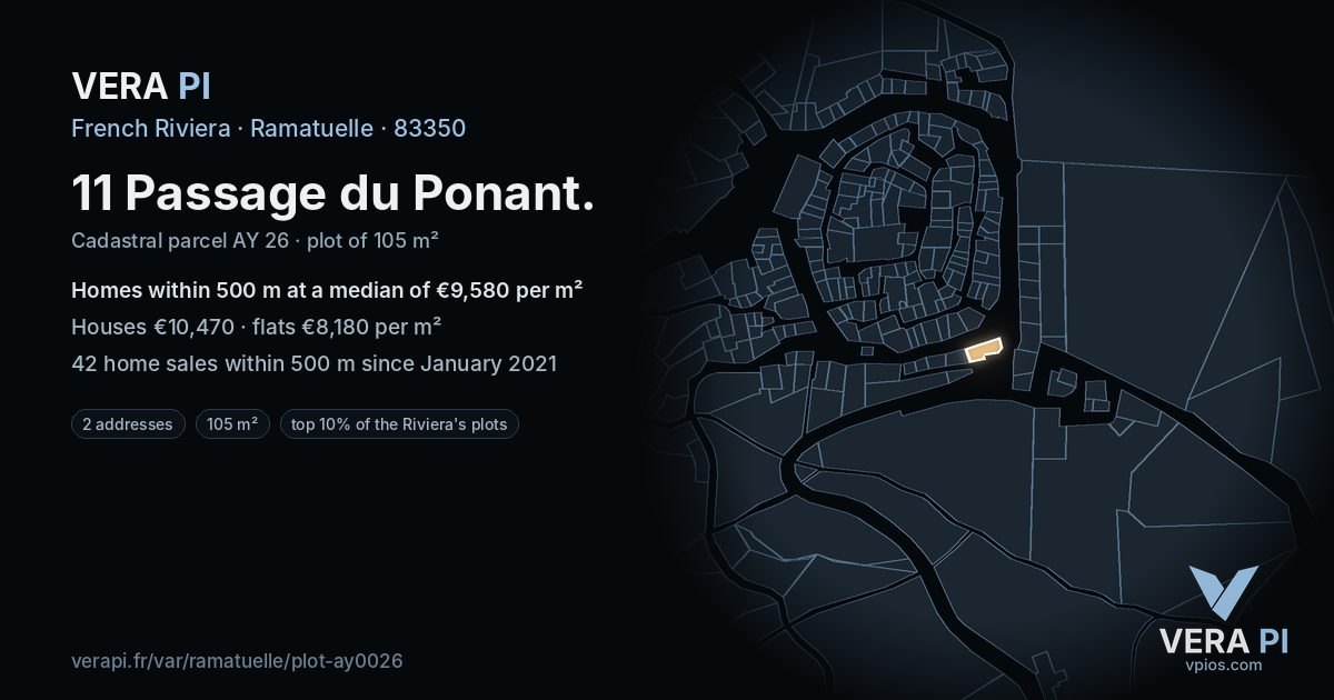 11 Passage du Ponant, Ramatuelle at night – the plot lit, the parcels around coloured by the prices near them