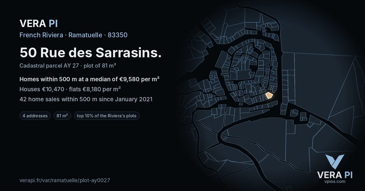 50 Rue des Sarrasins, Ramatuelle at night – the plot lit, the parcels around coloured by the prices near them