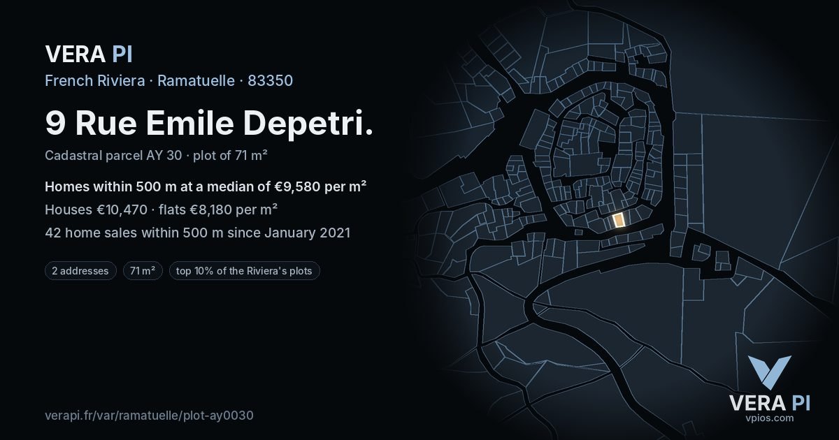 9 Rue Emile Depetri, Ramatuelle at night – the plot lit, the parcels around coloured by the prices near them