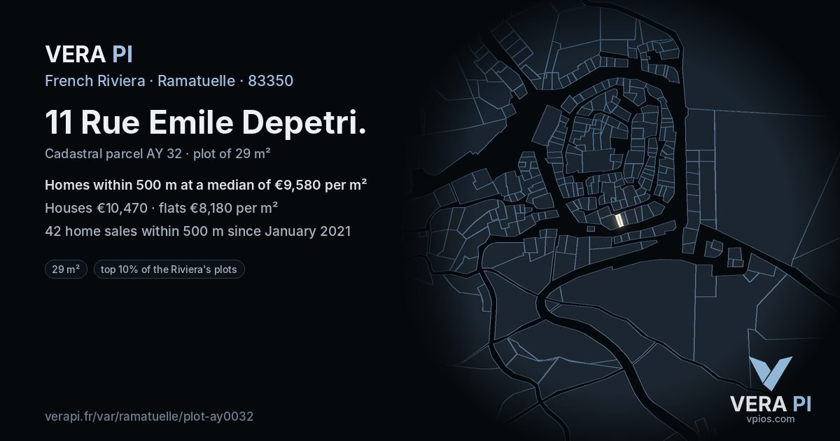 11 Rue Emile Depetri, Ramatuelle at night – the plot lit, the parcels around coloured by the prices near them