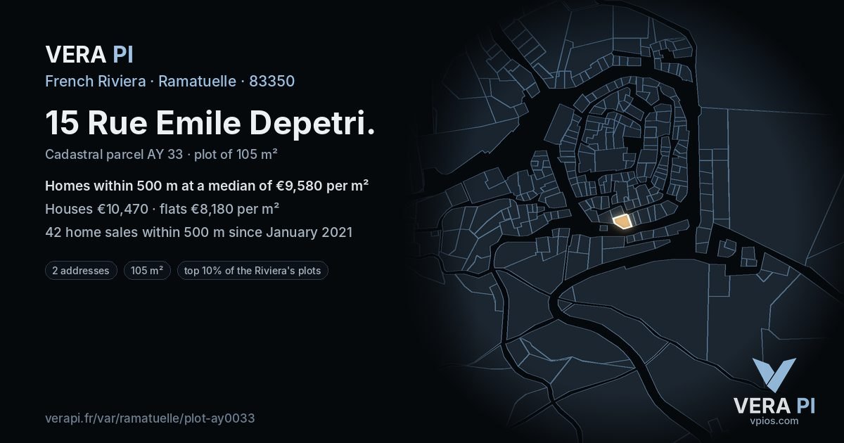 15 Rue Emile Depetri, Ramatuelle at night – the plot lit, the parcels around coloured by the prices near them