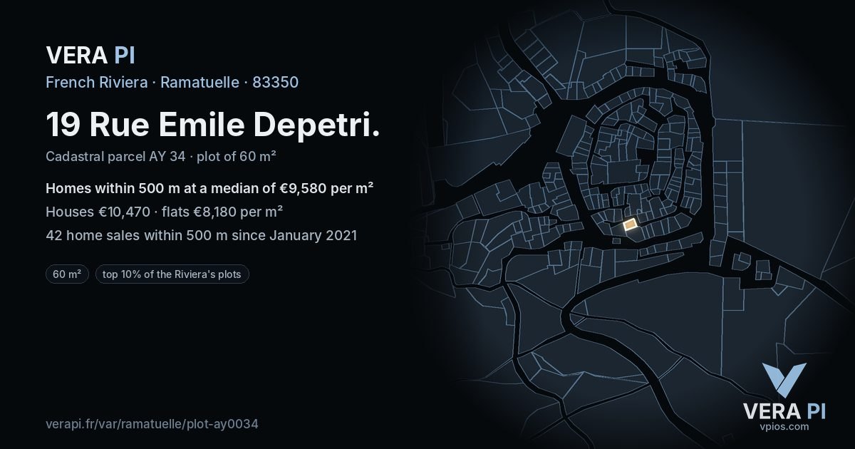 19 Rue Emile Depetri, Ramatuelle at night – the plot lit, the parcels around coloured by the prices near them