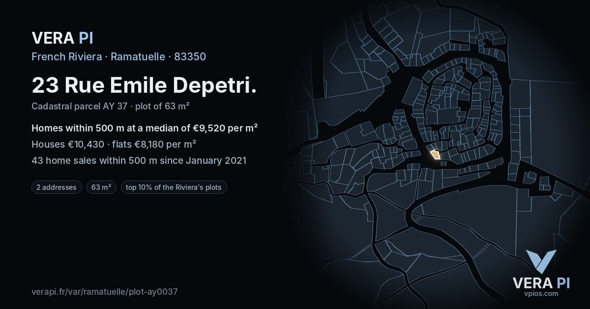 23 Rue Emile Depetri, Ramatuelle at night – the plot lit, the parcels around coloured by the prices near them