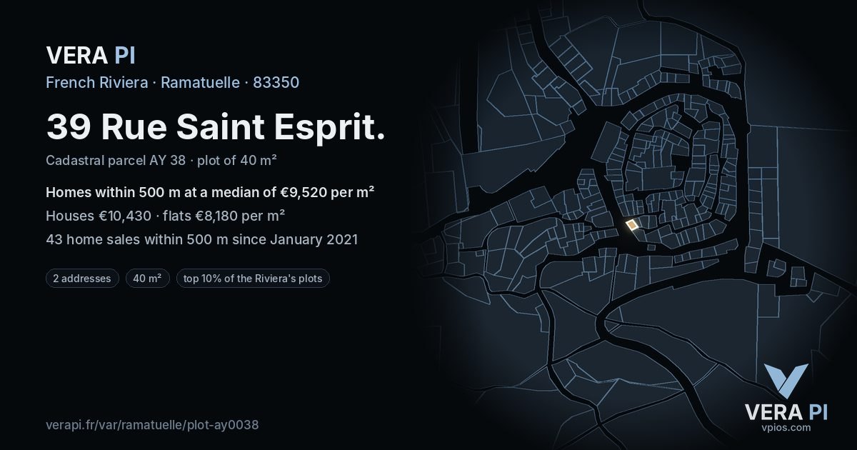 39 Rue Saint Esprit, Ramatuelle at night – the plot lit, the parcels around coloured by the prices near them