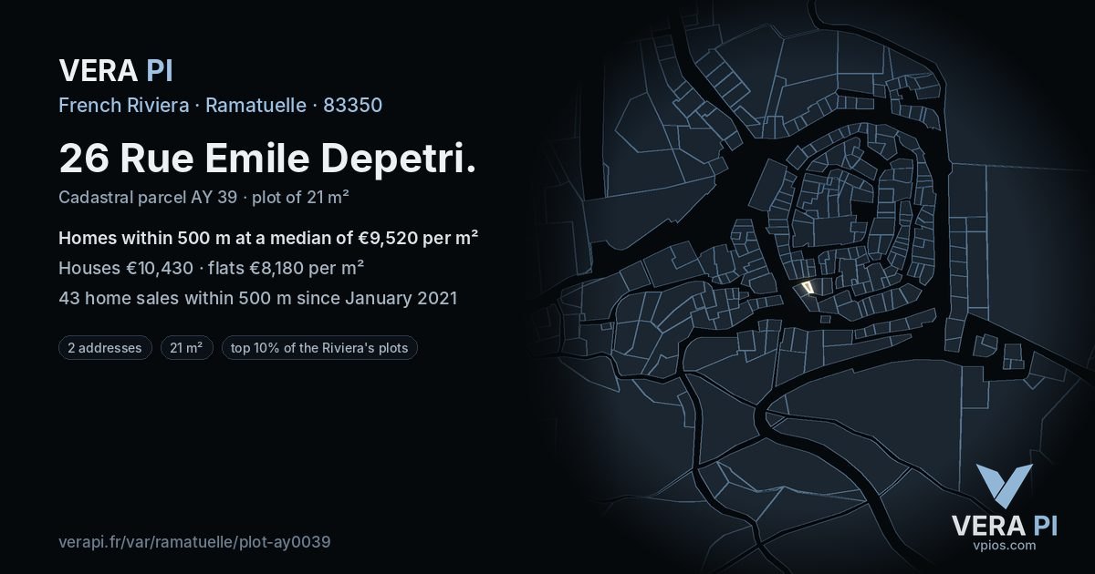 26 Rue Emile Depetri, Ramatuelle at night – the plot lit, the parcels around coloured by the prices near them