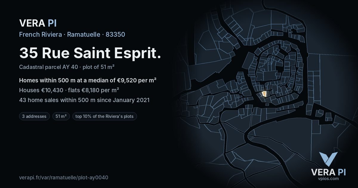 35 Rue Saint Esprit, Ramatuelle at night – the plot lit, the parcels around coloured by the prices near them