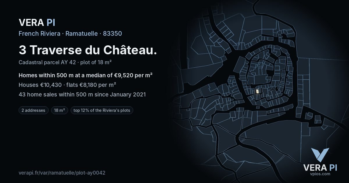 3 Traverse du Château, Ramatuelle at night – the plot lit, the parcels around coloured by the prices near them